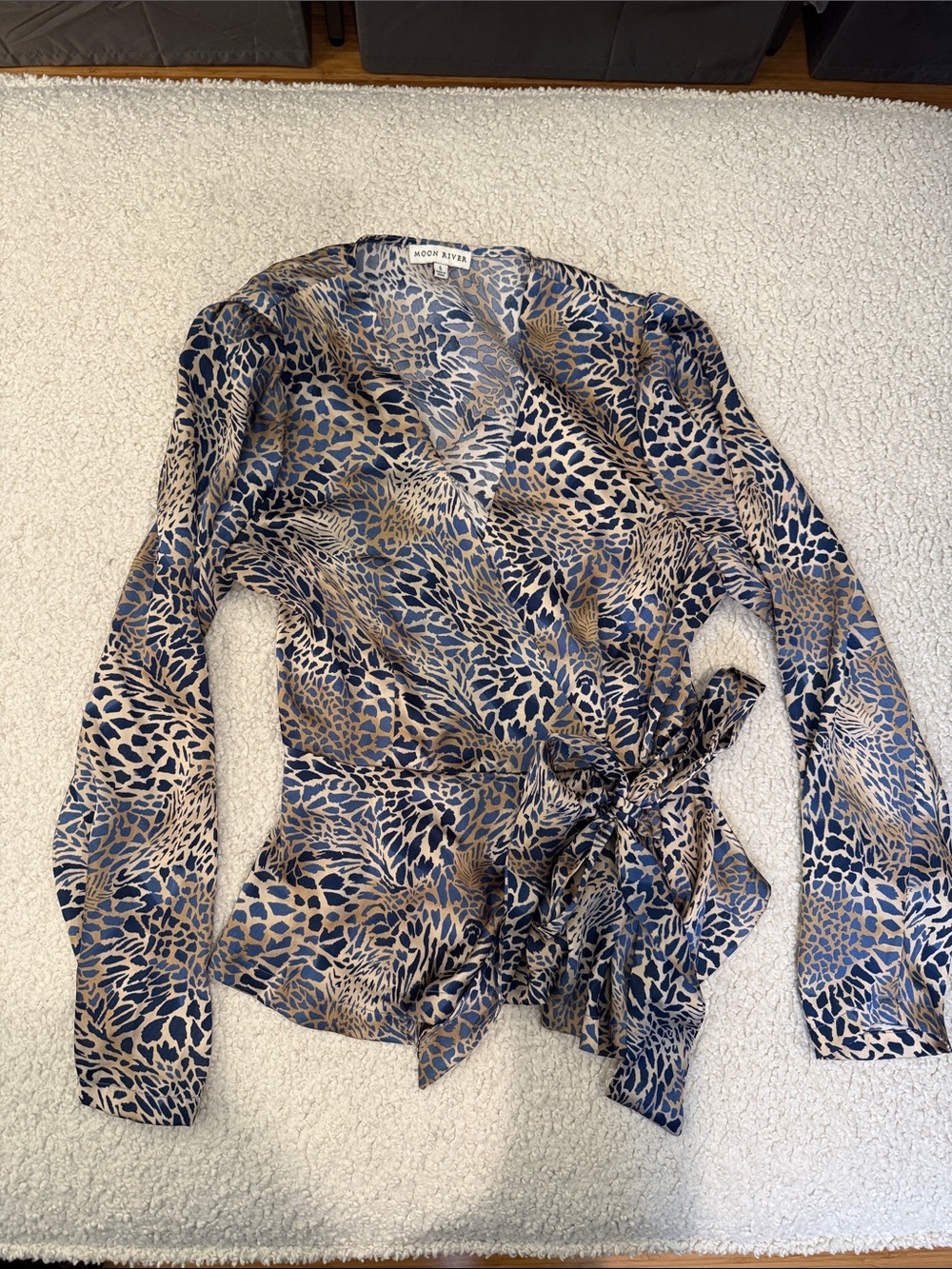 Moon River Navy & Taupe Animal Print Wrap Top